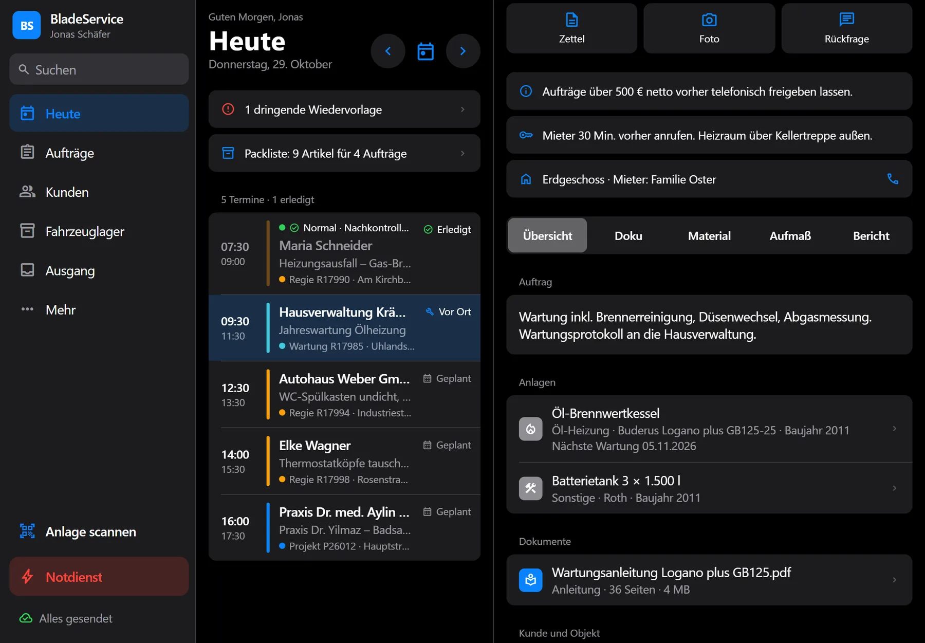 BladeService: Auftrag mit Kunde, Anlage und Aktionen