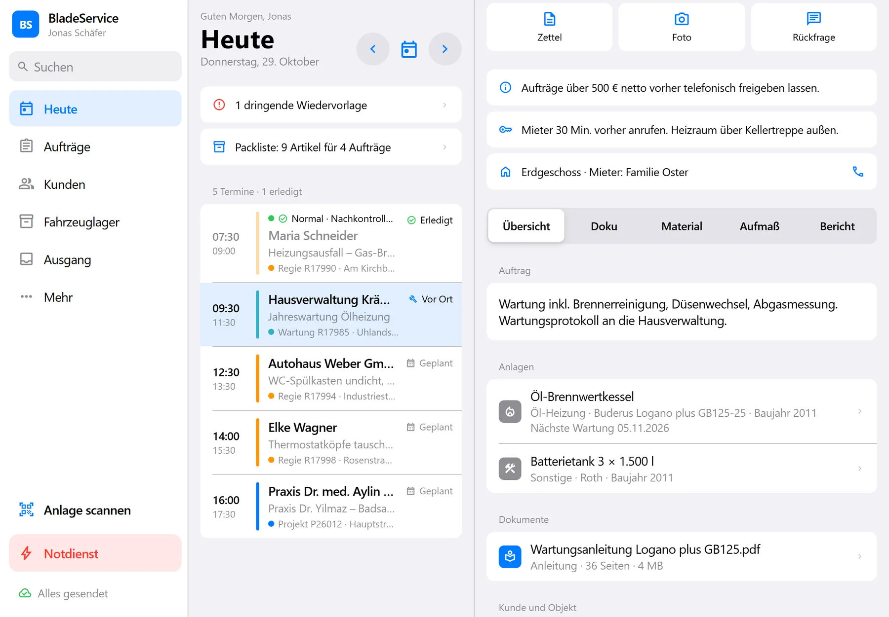 BladeService: Auftrag mit Kunde, Anlage und Aktionen