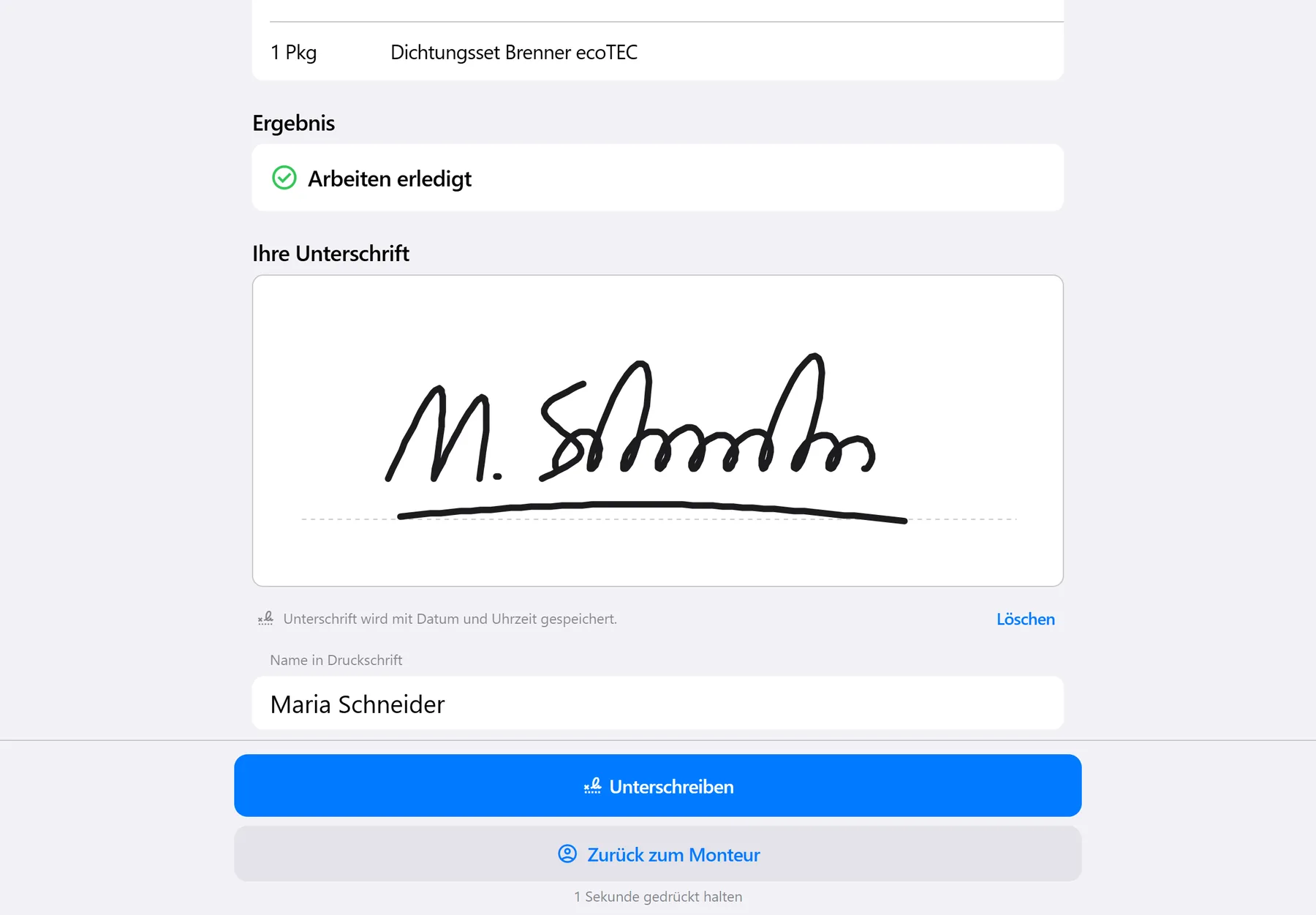 BladeService: Arbeitsbericht mit Unterschrift des Kunden