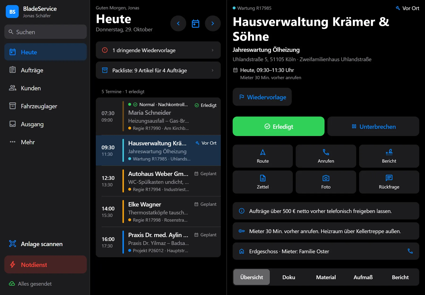 BladeService: Aufträge des Tages auf dem Tablet