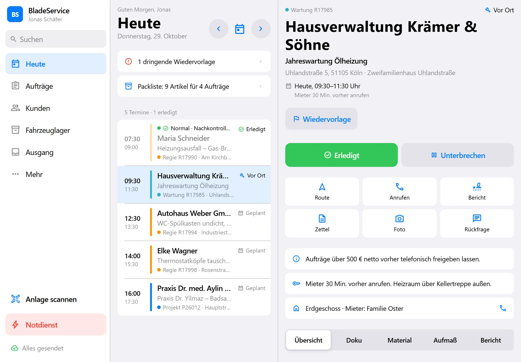 BladeService: Aufträge des Tages auf dem Tablet