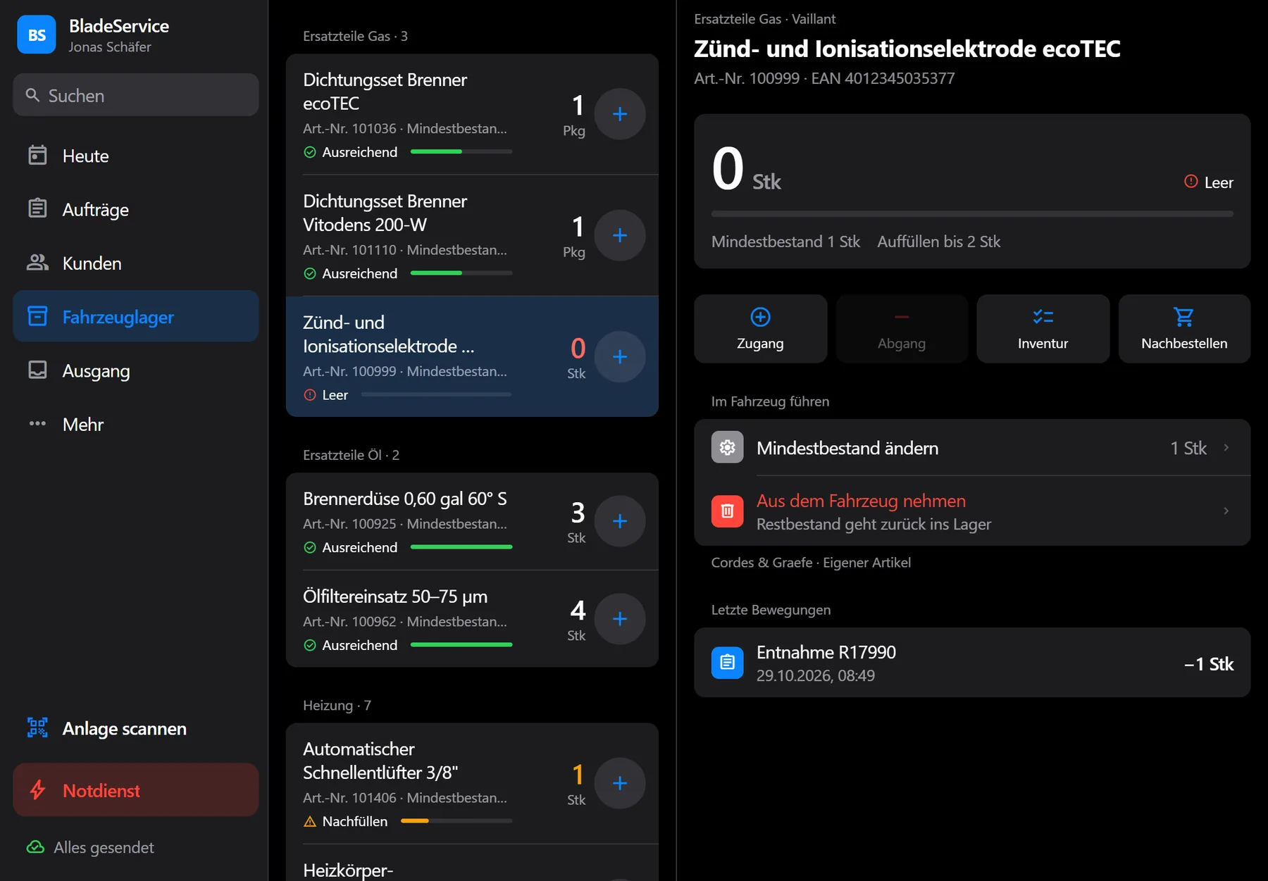 BladeService: Material und Fahrzeuglager