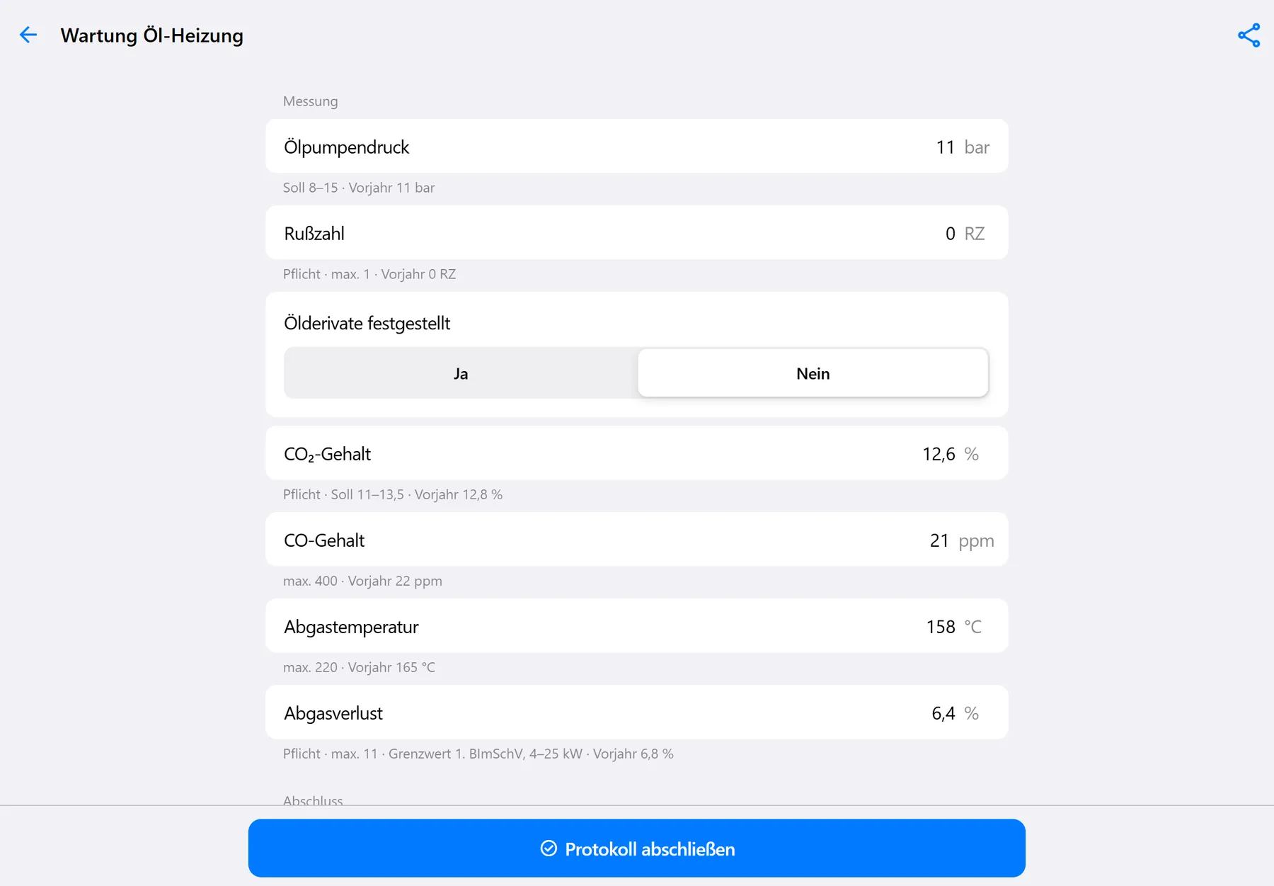 BladeService: Protokoll mit Messwerten