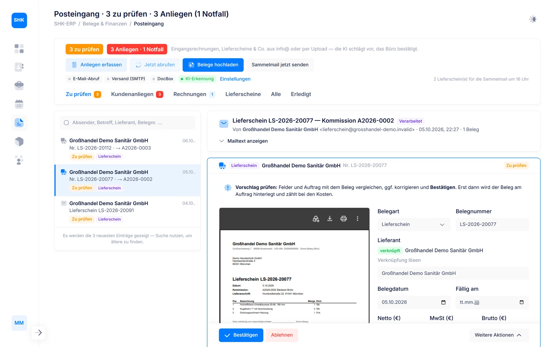 SHK-ERP: Posteingang mit zugeordneten Belegen